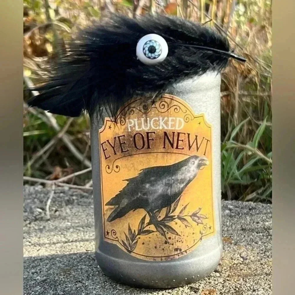 NEW - PLUCKED EYE OF NEWT - Halloween Apothecary/Potion Jar/Bottle with feather